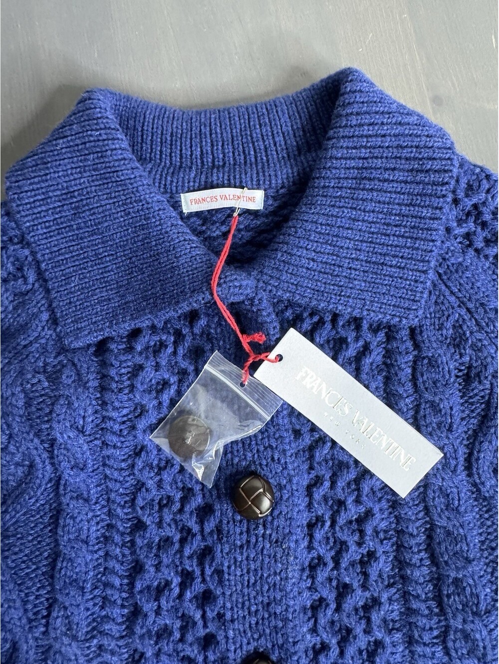 Frances Valentine Wool Fisherman Aran Cable Knit Cardigan Sweater in Navy - Picture 6 of 9